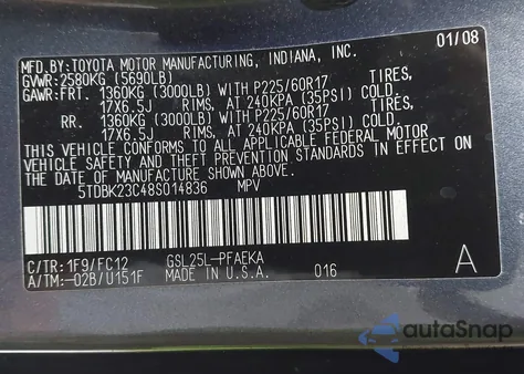 2008 Toyota Sienna Le z USA, uszkodzony, nr VIN 5TDBK23C48S014836